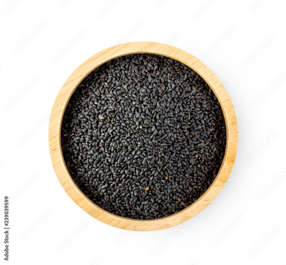 sesame in wood bowl isolated on white background. top view sesame in wood bowl isolated on white background. top view
