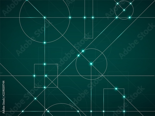 Abstract neon background of engineering drawing. Technological wallpaper made with circles and lines. Geometric design