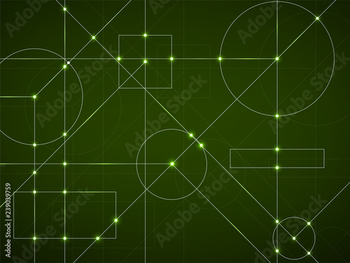 Abstract neon background of engineering drawing. Technological wallpaper made with circles and lines. Geometric design