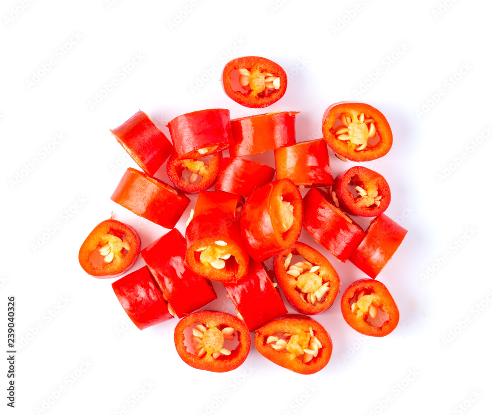 Fototapeta premium slice red chili isolated on white background.top view