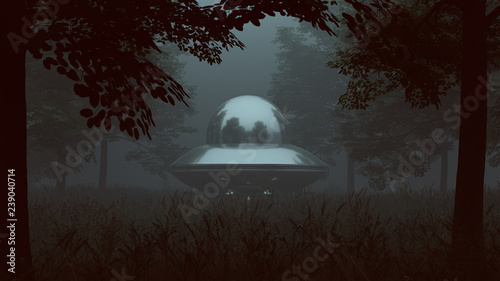 Fototapeta Naklejka Na Ścianę i Meble -  Silver UFO landing in a Grassy Wooded Clearing