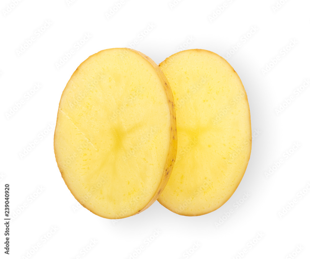 Raw Potato Sliced isolated in white background. top view Raw Potato Sliced isolated in white background. top view