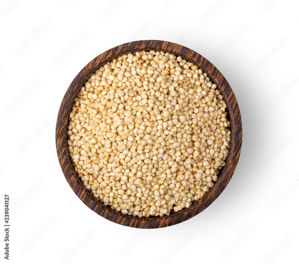 quinoa seeds in wood bowl isolated on white background. top view quinoa seeds in wood bowl isolated on white background. top view