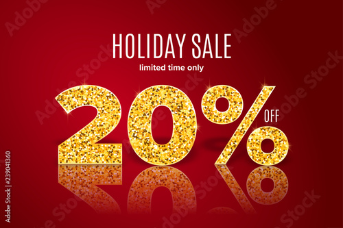 Golden holiday sale 20 percent off on red background. Limited time only. Template for a banner, poster, shopping, discount, invitation