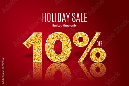 Golden holiday sale 10 percent off on red background. Limited time only. Template for a banner, poster, shopping, discount, invitation