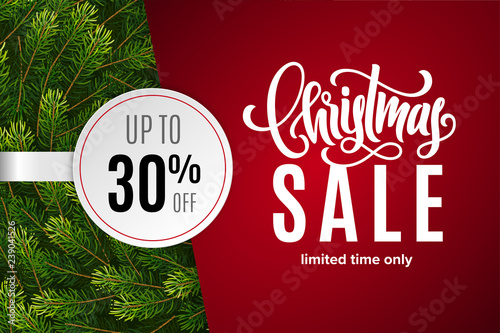 Christmas holiday sale 30 percent off with paper sticker on red background with fir tree branches. Limited time only. Template for a banner, poster, shopping, discount, invitation