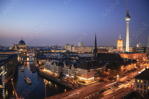 Aerial panoramic view of Berlin skyline at dusk