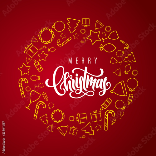 Holiday gift card with hand lettering Merry Christmas on red background. Template for a banner  poster  invitation