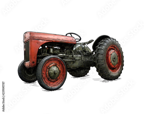 Old vintage red tractor illustration in cartoon or comic style. Tractor was made in Dearborn, Michigan, United States or USA from 1939 to 1942 or 30's to 40's. photo