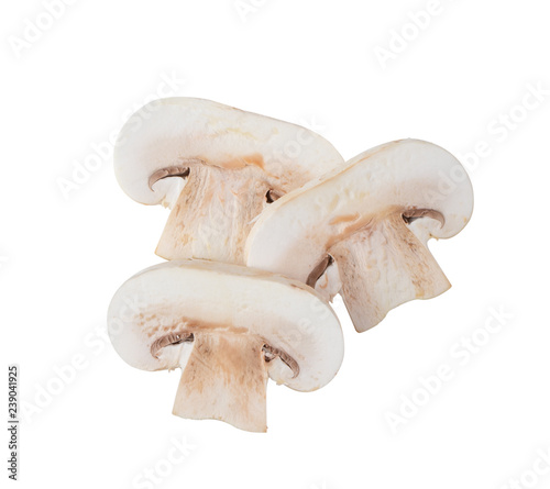 Raw slice champignon isolated on white background. top view