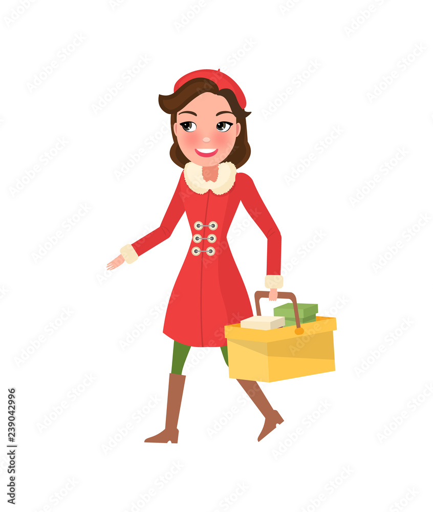 Smiling Woman in Warm Coat Buying Presents on Xmas Smiling Woman in Warm Coat Buying Presents on Xmas