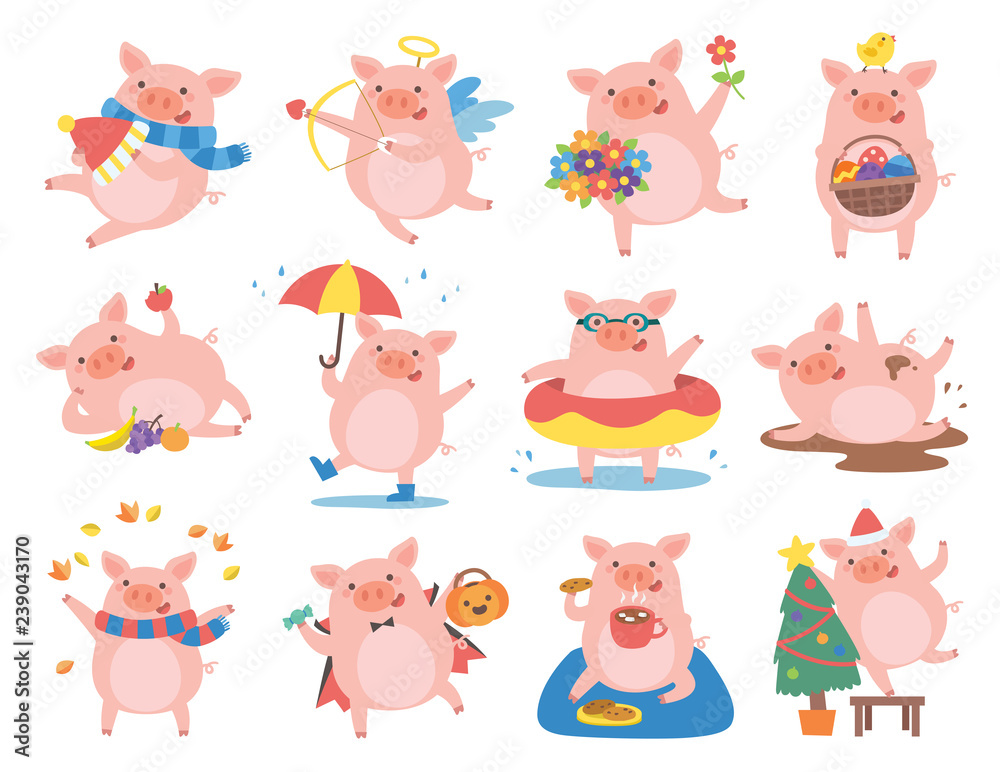 Cute pig in different situations. Symbol of the year in the Chinese 2019.