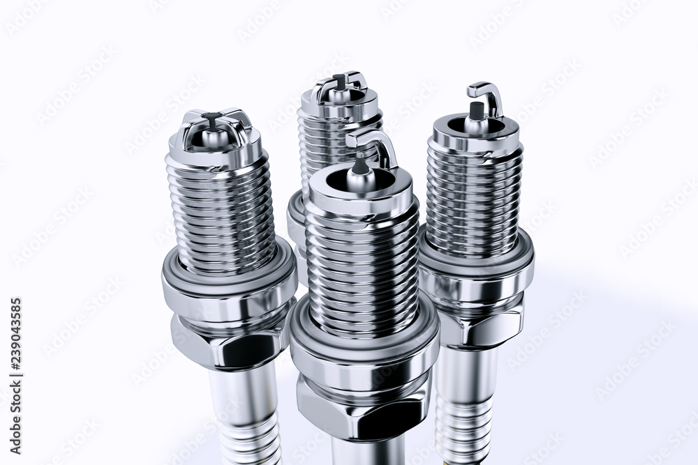 Spare parts spark plugs on white background for car and motorcycle. New auto parts spark plug. 3D rendering Spare parts spark plugs on white background for car and motorcycle. New auto parts spark plug. 3D rendering