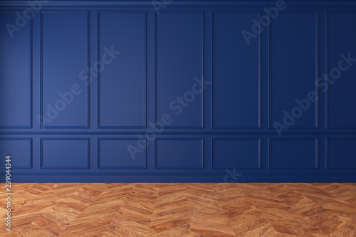 Fototapeta Naklejka Na Ścianę i Meble -  Modern classic royal blue empty interior with wall panels and wooden floor. 3d render illustration mockup.