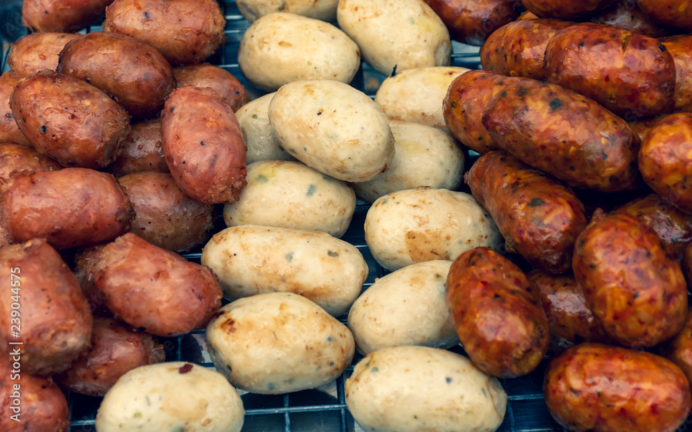 Thai BBQ sausages street food (Thai call Thai BBQ sausages street food (Thai call