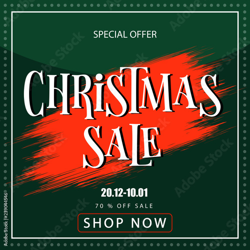 Christmas sale banner on green background. Red blot with text on green background. Christmas sale logo for banners, web pages, brochure layouts, headlines and flyers, design. Vector illustration