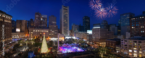 Union Square New Year tree in San Francisco night panorama