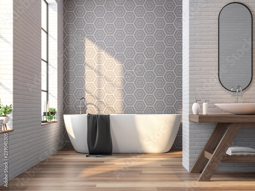 Fototapeta Naklejka Na Ścianę i Meble -  Vintage bathroom 3d rendering image,There are wood floor,white brick and gray tile wall ,Decorate with wooden basin table,The room has large windows. Sunlight shining into the room.