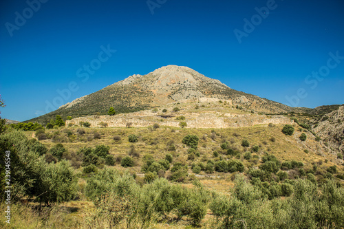 lonely mountain nature scenery landscape and ancient city ruins under it in Peloponnese area in south Europe  touristic and travel sightseeing concept