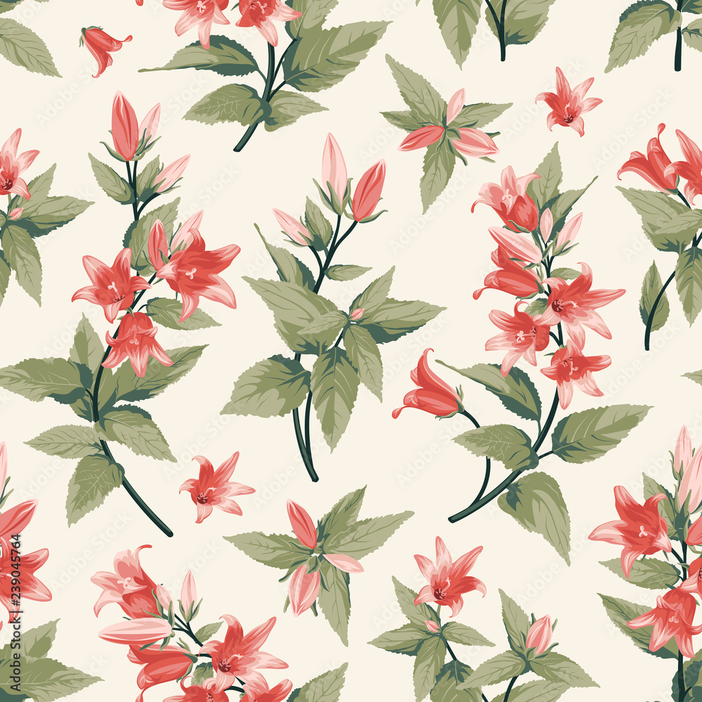 Seamless pattern with pink Campanula - flowers, isolated on light background. Hand-drawn illustrations. Seamless pattern with pink Campanula - flowers, isolated on light background. Hand-drawn illustrations.