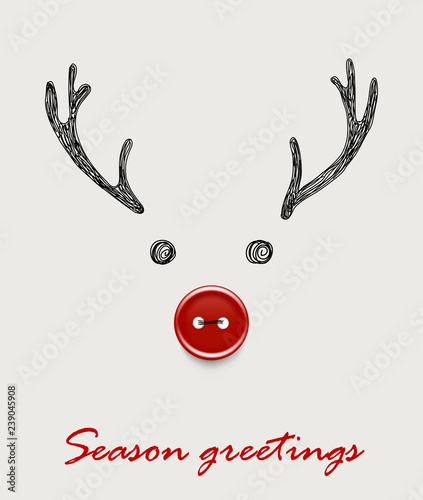 Happy new year 2019 handmade greeting vector card / banner with hand drawn deer and realistic sewing button and Season greetings lettering