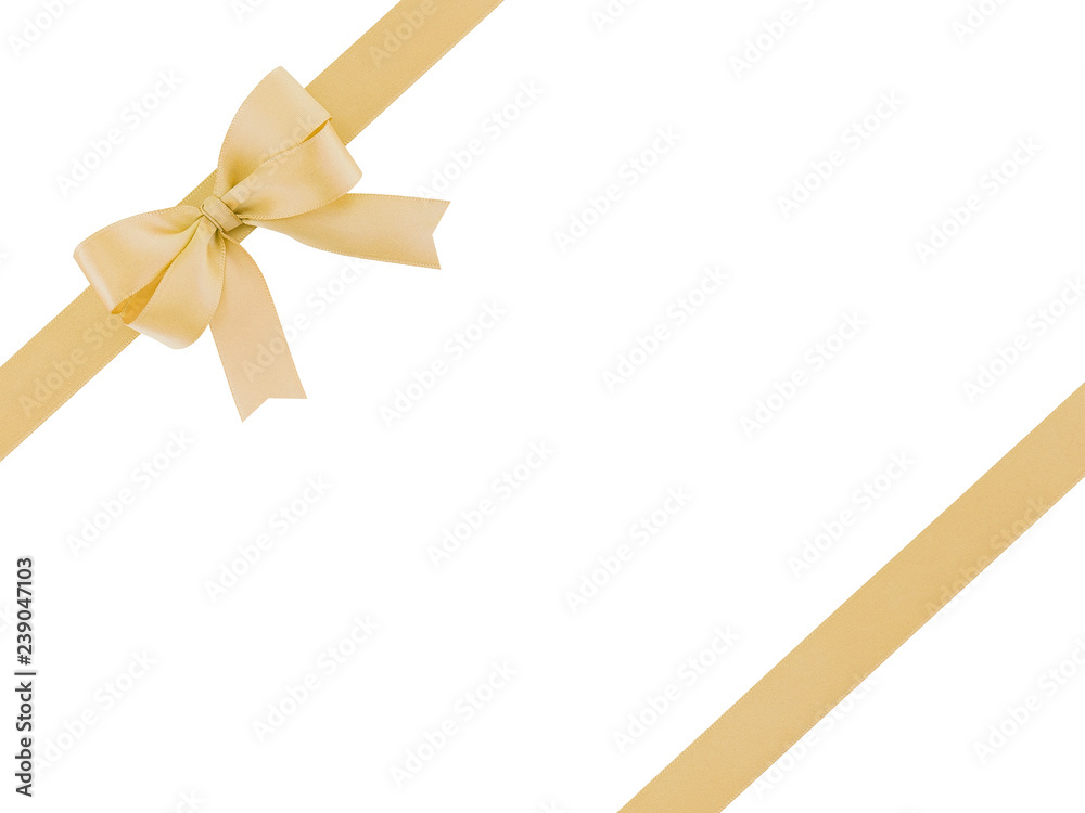 gold beige ribbon bow isolated on white background, diagonally border of  simple double tied bow for