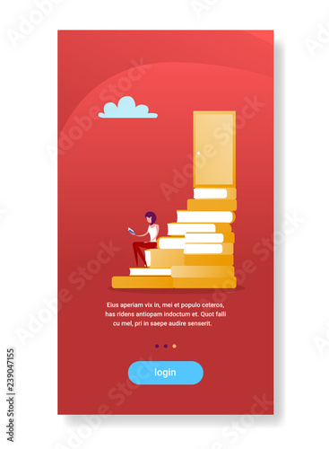 businesswoman sitting book stack stairs to door growth concept flat vertical copy space