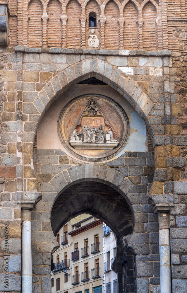 Puerta del Sol, a city gate of Toledo, Castile-La Mancha, Spain. Built in the late 14th century by the Knights Hospitaller.