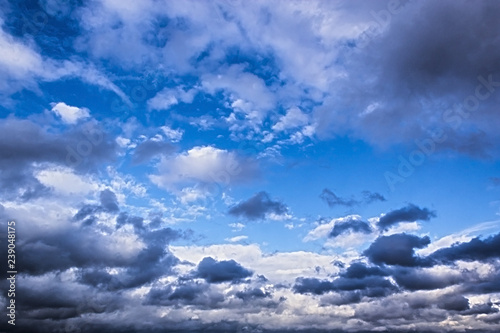 grey stormy clouds on blue sky background