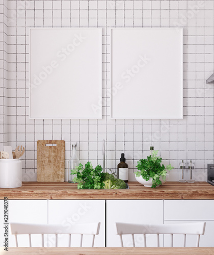 Mock up poster frame in kitchen interior, Scandinavian style, 3d render