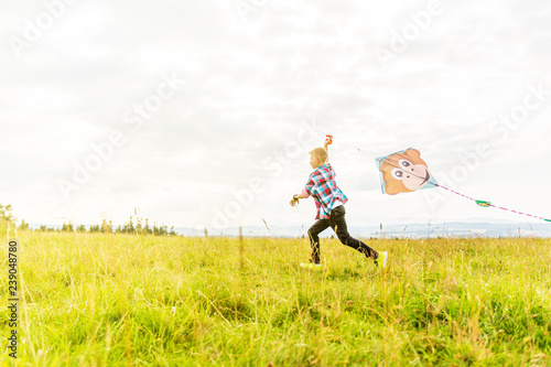 Young boy fly kites in the meadow