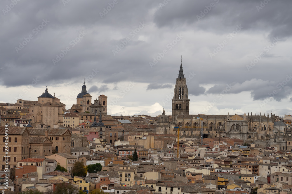 Skyline of old city of Toledo, Castile-La Mancha, Spain. View from the Ermita del Valle (Hermitage of Virgen del Valle) on the opposite bank of the river Tagus.
