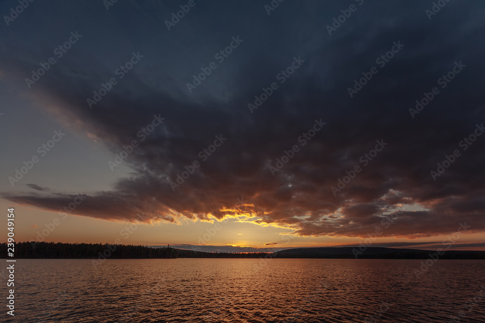 North Russian lake landscape on sunset, Murmansk region