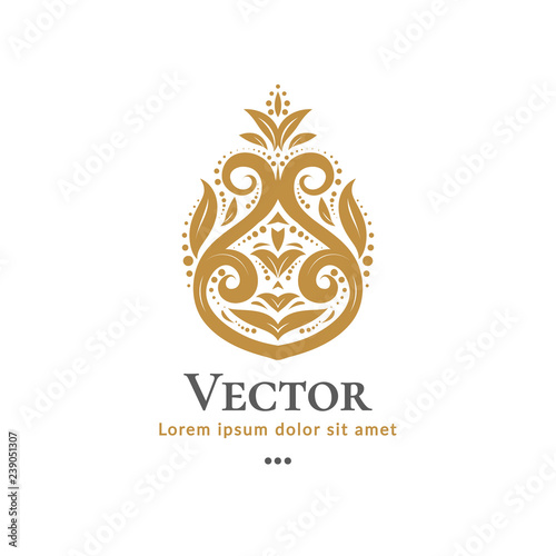 Gold vector emblem. Elegant, classic elements. Can be used for jewelry, beauty and fashion industry. Great for logo, monogram, invitation, flyer, menu, brochure, background, or any desired idea