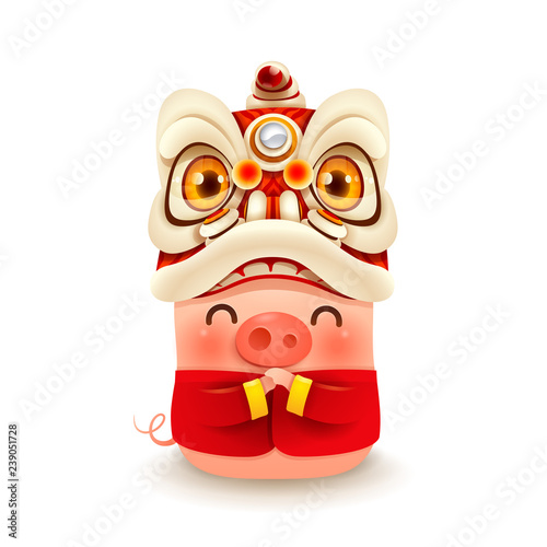 Little Pig with Chinese New Year Lion Dance Head