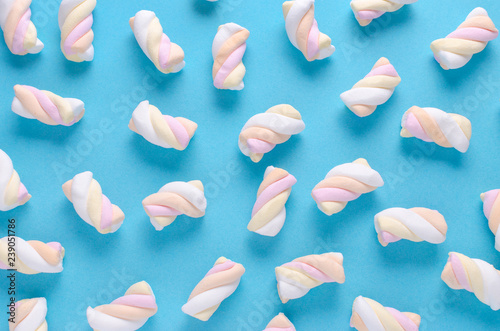 marshmallow pattern on blue background, pastel colors