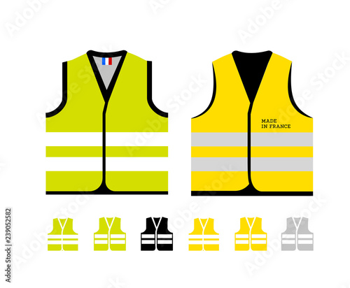 Yellow and light green reflective vests, as a symbol of protests in France against rising fuel prices. Yellow jacket revolution. Vector illustration on white