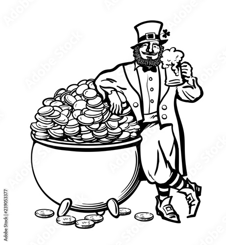 Sketch of Leprechaun holding beer mug leaning on pot full of coins. St Patricks Day poster. Hand drawn vector illustration isolated on white background.