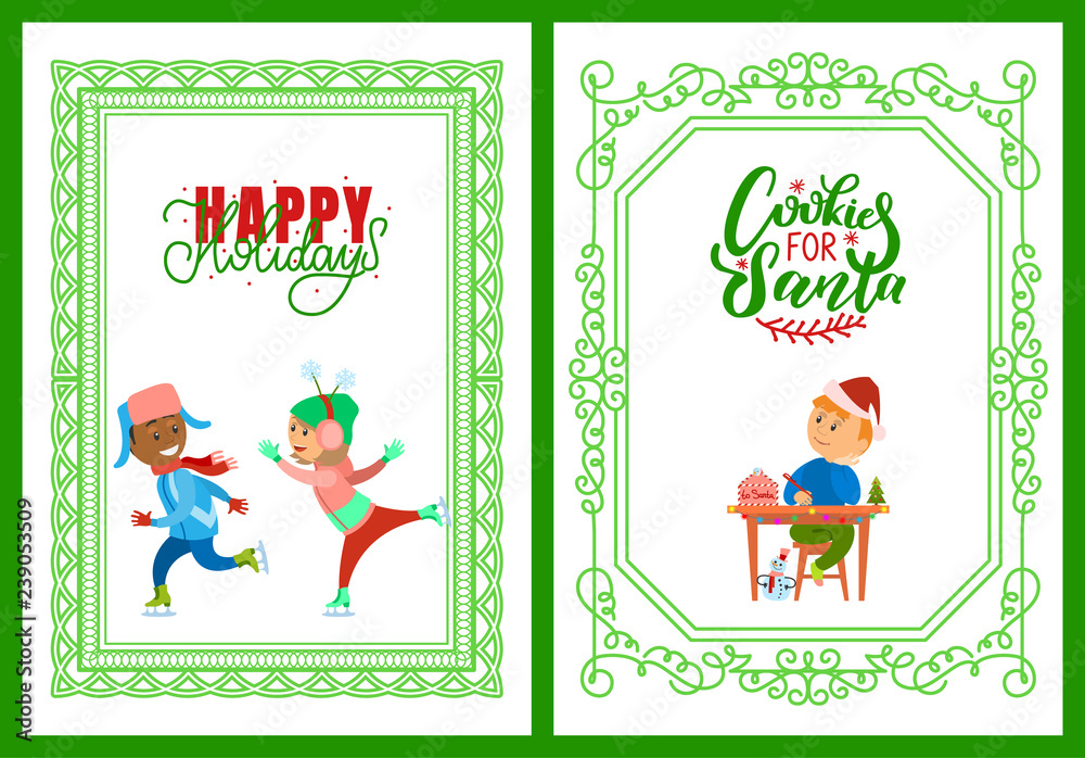 Fototapeta premium Happy Holidays Postcard, Children on Skating Rink