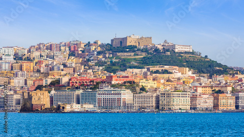 View from sea on Naples coastline, Castel Sant'Elmo is located on top of hill