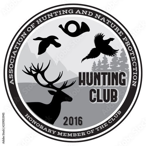 Editable vector illustration on the theme of hunting with a deer, a duck, a pheasant and a hunting pipe