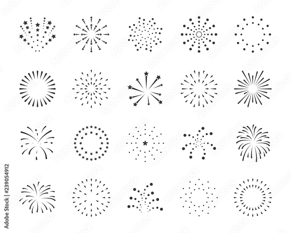 firework line icon set, happy new year firework