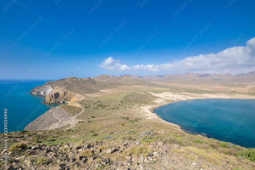 Cabo de Gata (in Spanish), with Amarillos and Genoveses beaches, from top of mountain, in Gata Cape Natural Park, in Almeria (Nijar, Andalusia, Spain, Europe) 