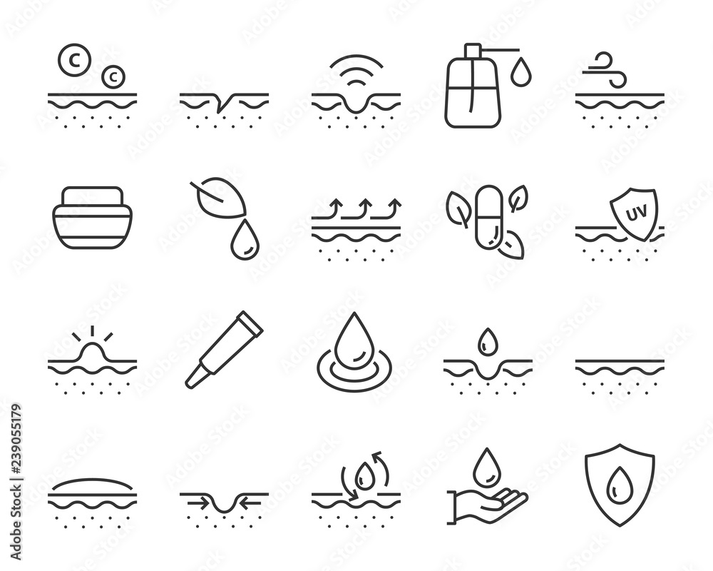 set of skincare line icons, facial sun block icon, facial mask set of skincare line icons, facial sun block icon, facial mask