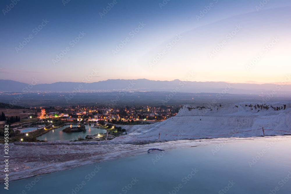Night time at natural water hot spring pools at Pamukkale Turkey Night time at natural water hot spring pools at Pamukkale Turkey