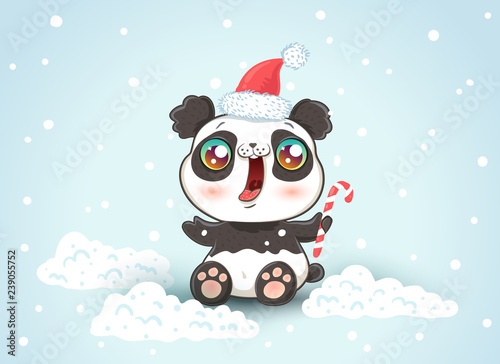 Panda on snow in kawaii style