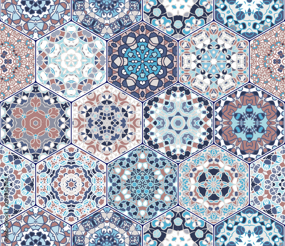 Bright seamless pattern of hexagonal tiles with vintage ornament.