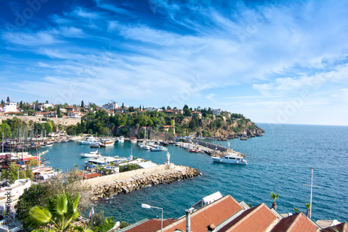 Antalya Old Town port, Taurus mountains and Mediterrranean Sea, Turkey