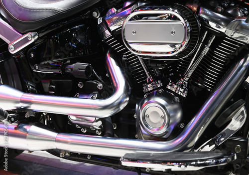Closeup of a big shiny Motorcycle engine