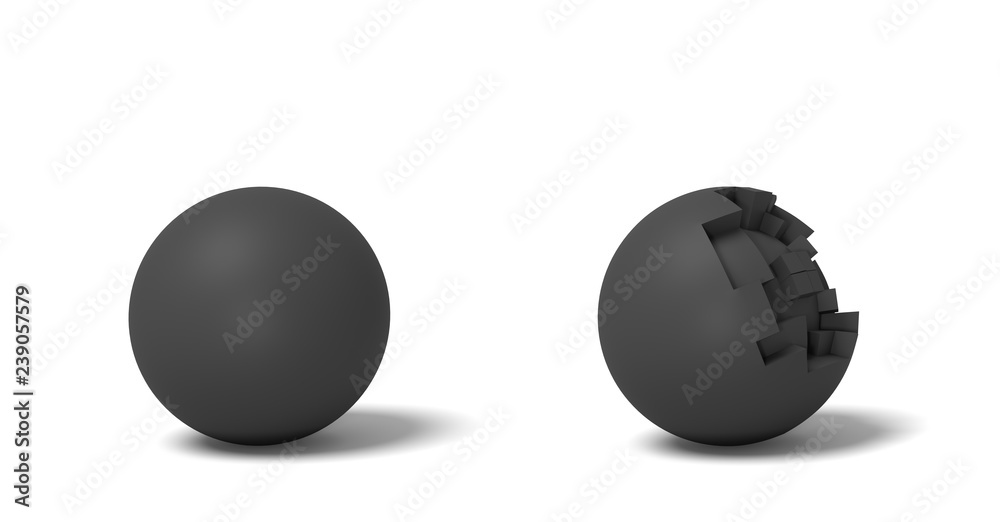 3d rendering of two isolated black round balls standing near each other, one whole and another half-broken. 3d rendering of two isolated black round balls standing near each other, one whole and another half-broken.
